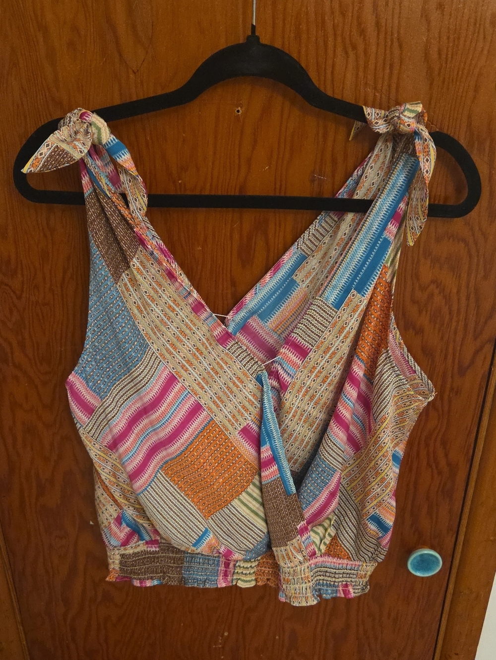 Rose & Olive Patchwork Tie-Shoulder Summer Crop Top in Blue, Pink, Orange